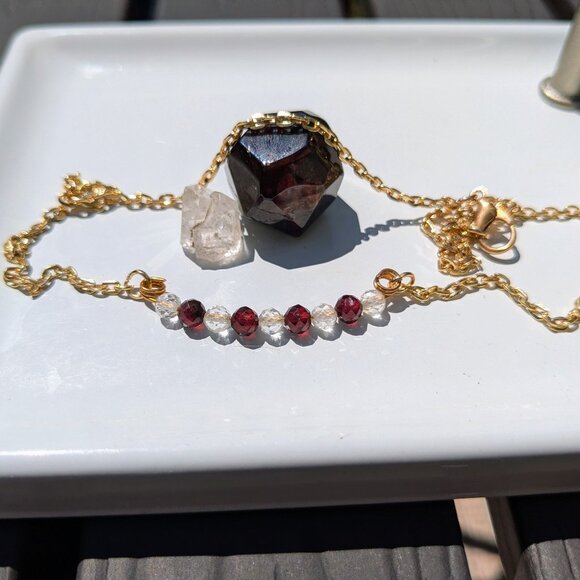 Handmade Jewelry - Genuine Natural Garnet and Topaz Gemstone Gold Necklace